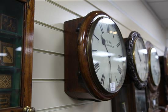 A late Victorian mahogany cased wall timepiece, 14.5in.